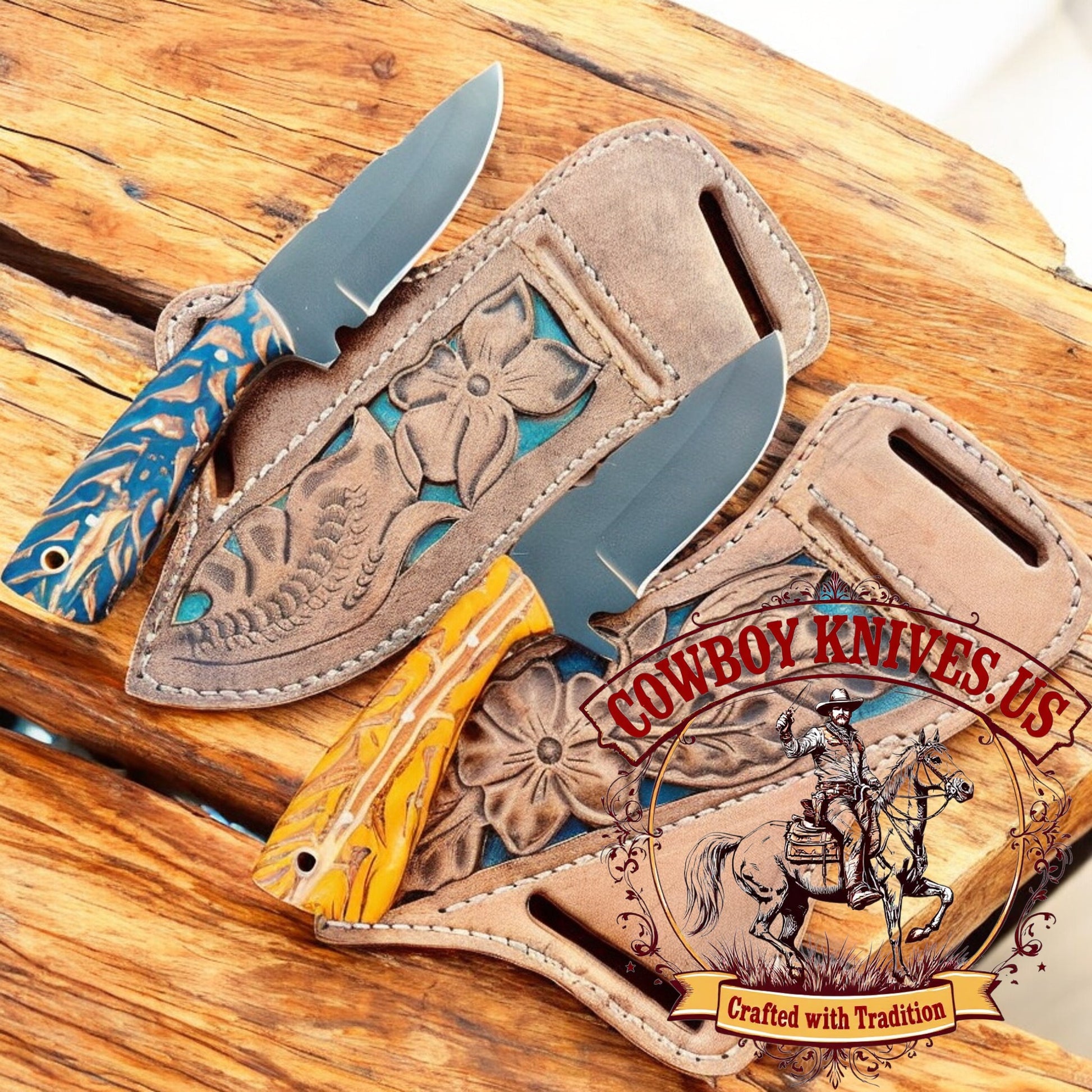 3" Blade Cowboy knives with sheaths with Pinecone Resin Handle