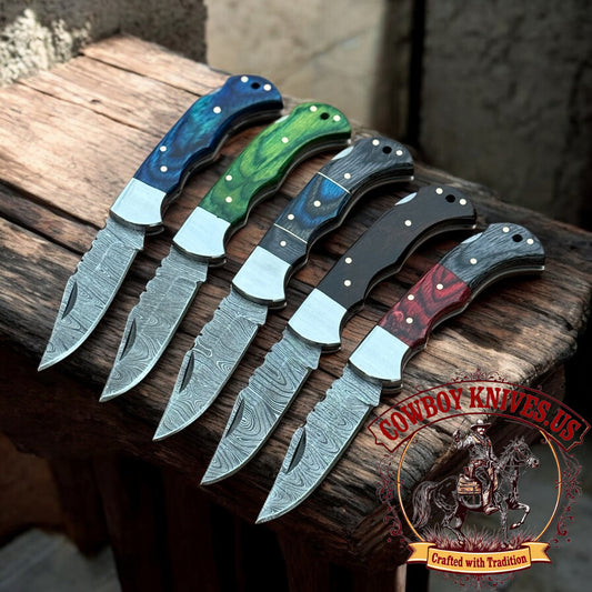3" Blade Damascus Pocket Knives with Pakkawood & Backlock Handle