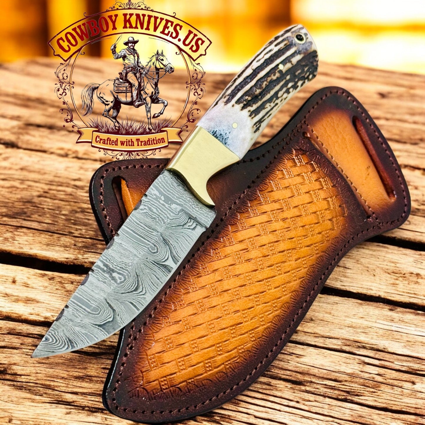 4" Blade Knife Used by Cowboys with Antler & Brass Bolster Handle