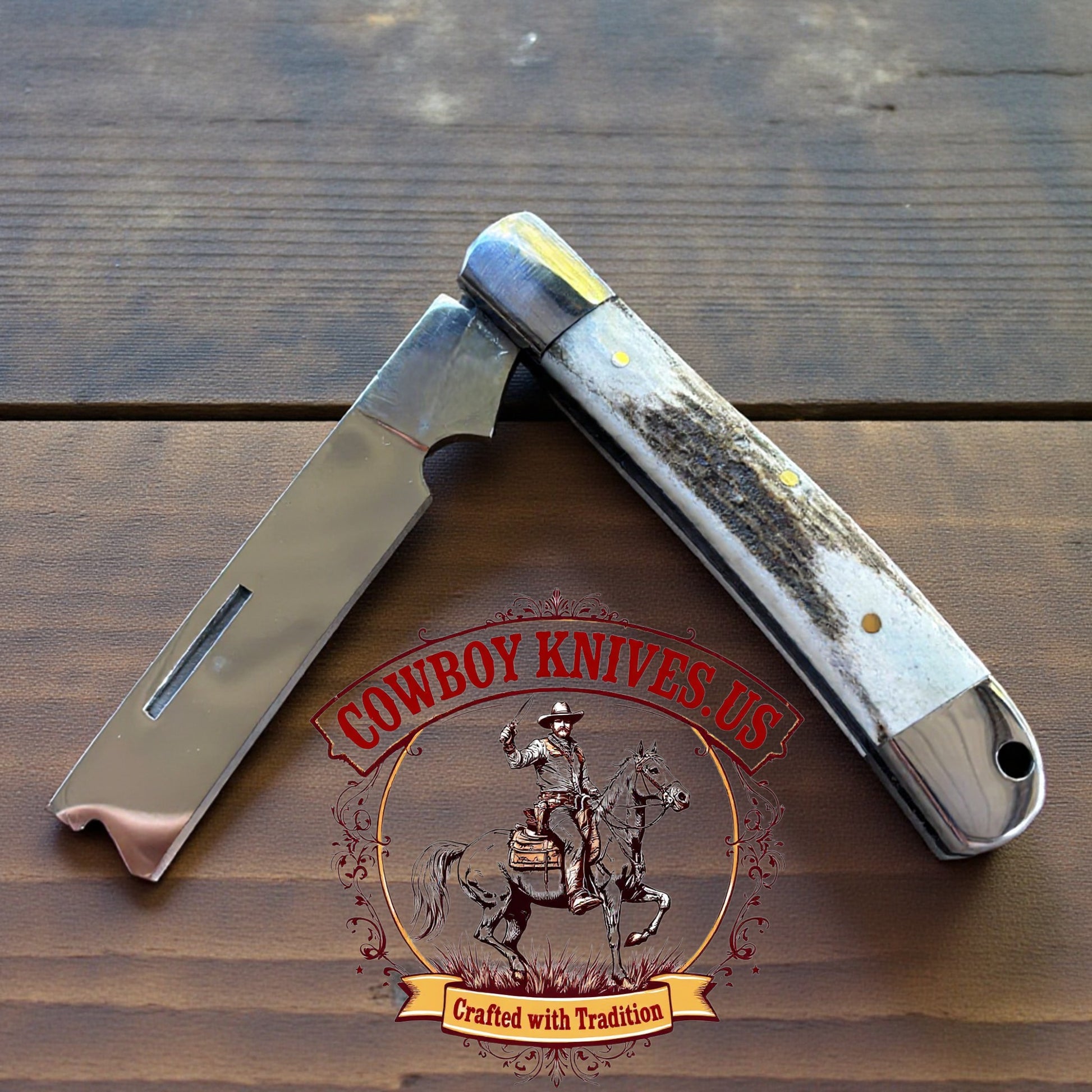 3" Blade Folding Bull Cutter with Antler Handle & Steel Bolsters