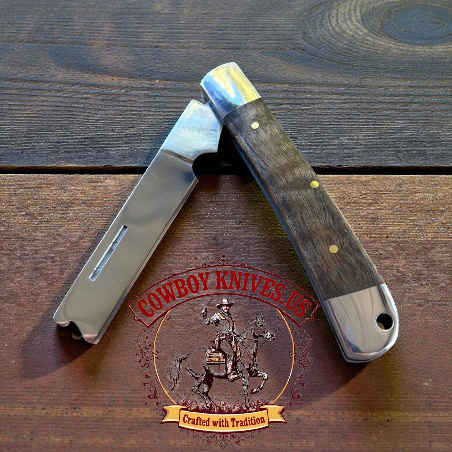 3" Blade cowboy folding knife with Walnut Wood & Steel Bolsters Handle