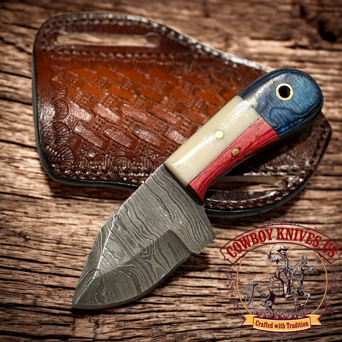 2.5" Blade Damascus Cowboy Knife with Pakkawood/Bone TX Handle