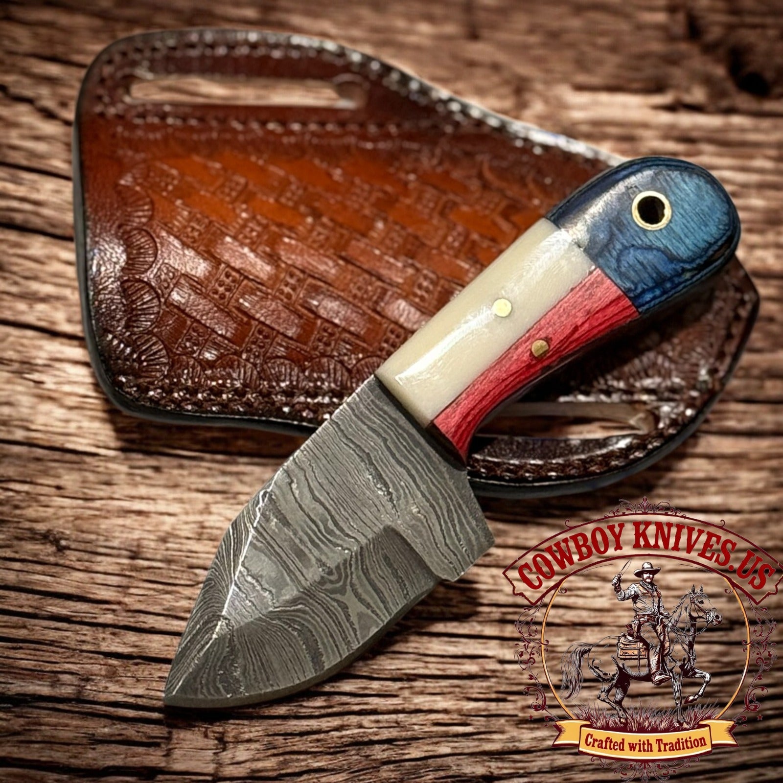 2.5" Blade Damascus Cowboy Knife with Pakkawood/Bone TX Handle