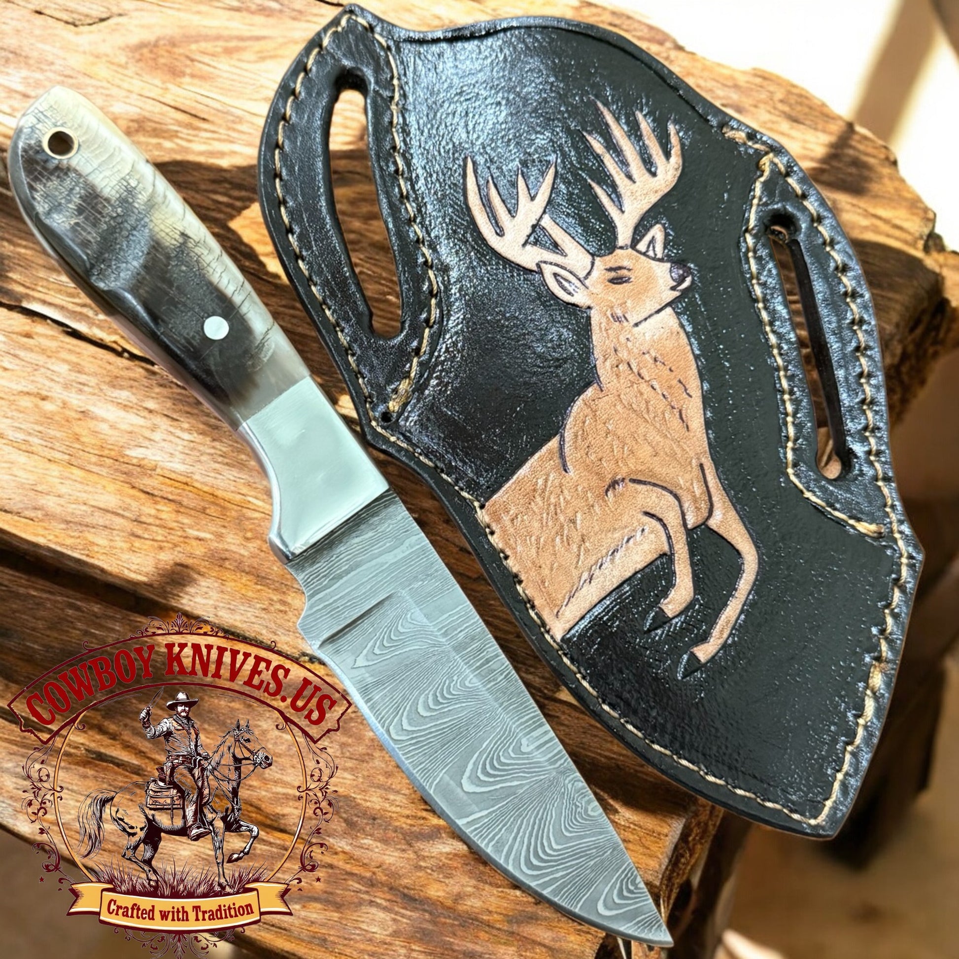 3.5" Blade Cowboy Knife Sheath with Ram Horn & Steel Bolster Handle