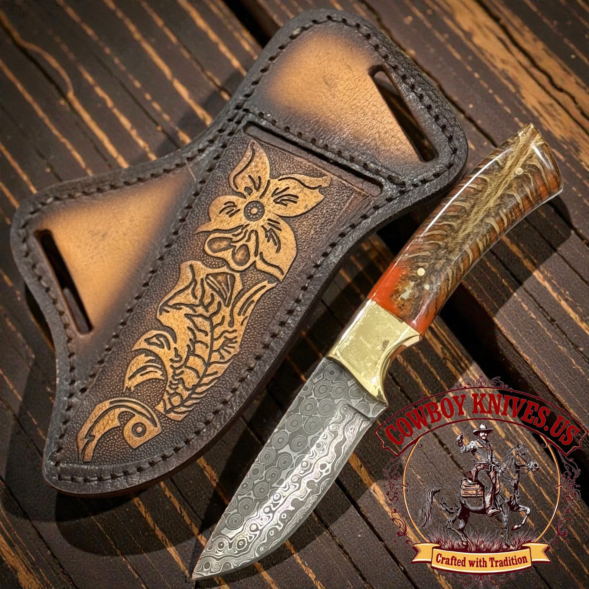 3" Blade Cowboy Knife and Sheath with Pinecone Resin & Brass Bolster Handle