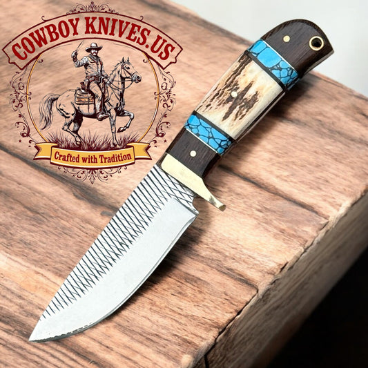 4" Blade cowboy belt sheath knife with Antler, Turquoise & Wenge Handle