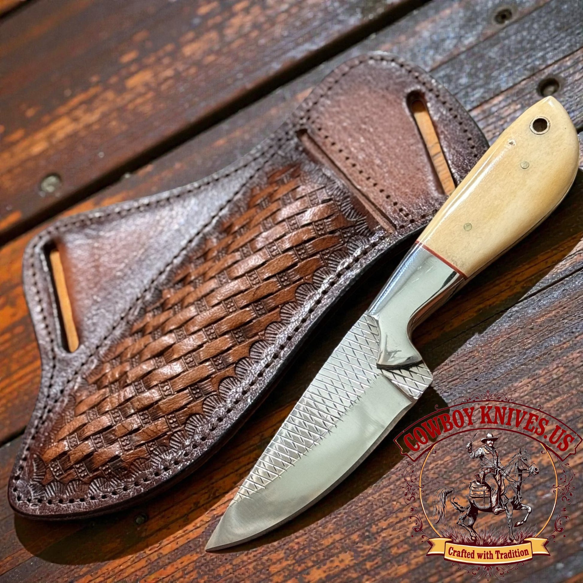 3" Blade ranch knife sheath with Bone & Steel Bolster Handle
