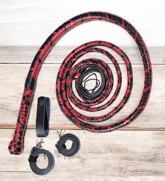Cowboy bullwhips – Premium Cowhide Red/Black Leather (6–14 ft)