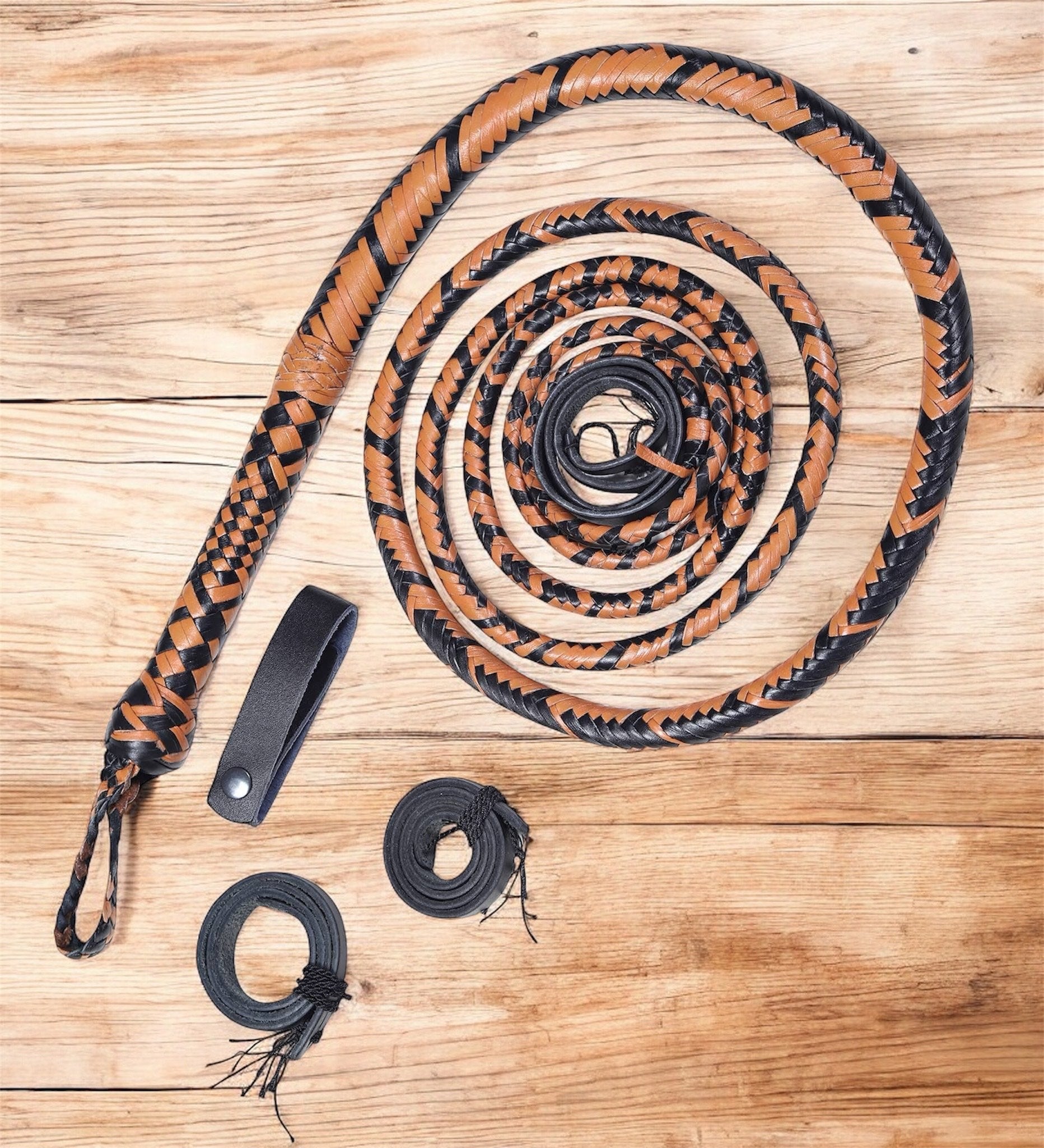 Bull whips with 16-Plait Braided Cowhide Tan & Black Leather (6–14 ft)