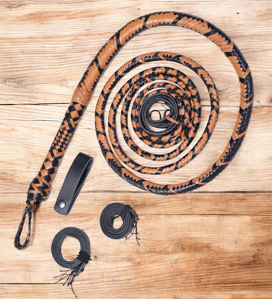 Bull whips with 16-Plait Braided Cowhide Tan & Black Leather (6–14 ft)