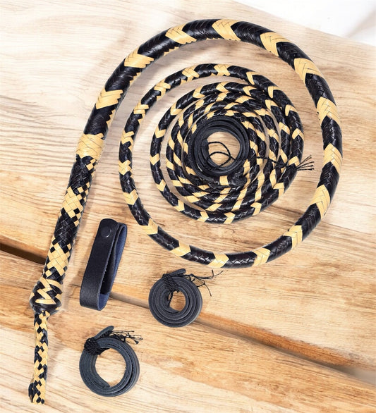 Braided leather Bullwhips – 16-Plait Cowhide Yellow & Black (6–14 ft)
