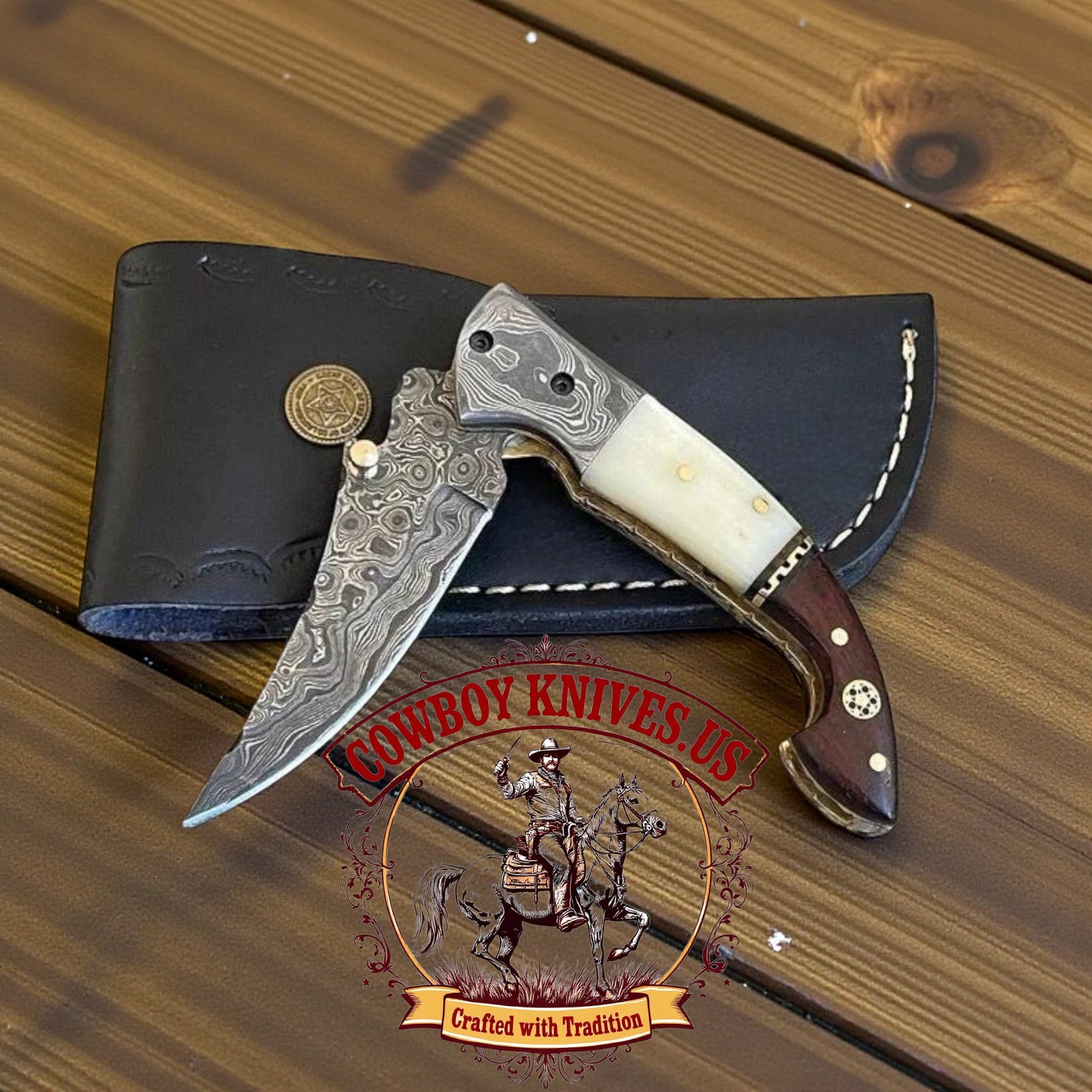 3" Blade damascus pocket knife with Wood, Bone & Damascus Bolster Handle