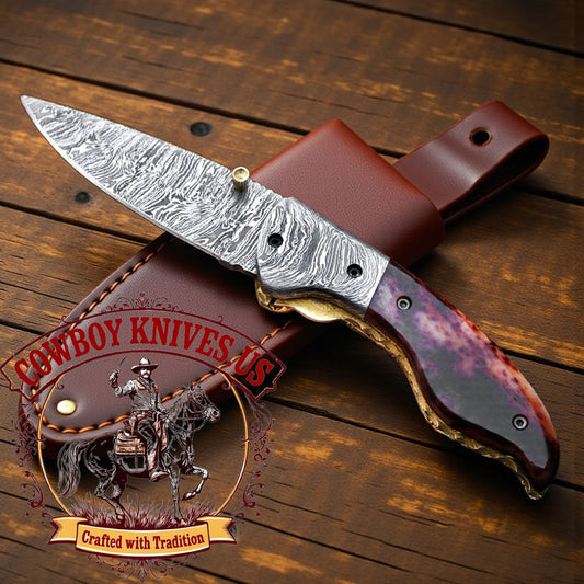 3" Blade cowboy pocket knife and sheath with Colored Bone Handle