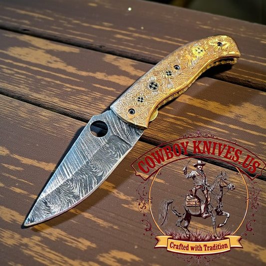 3" Blade western pocket knives and sheaths with Brass Hand-Engraved Handle