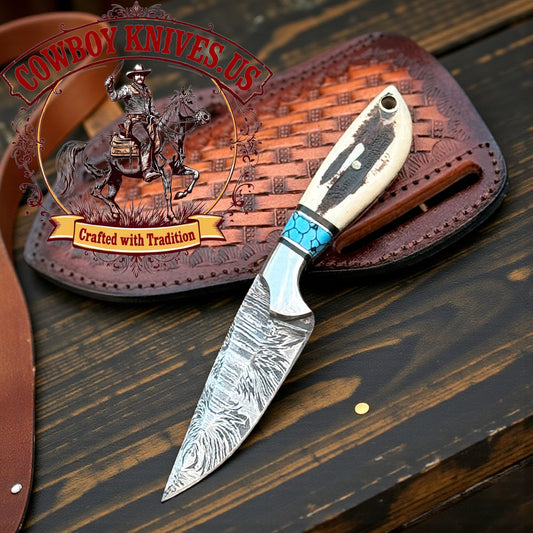 3" Blade western knife and sheath with Antler & Steel Bolster Handle