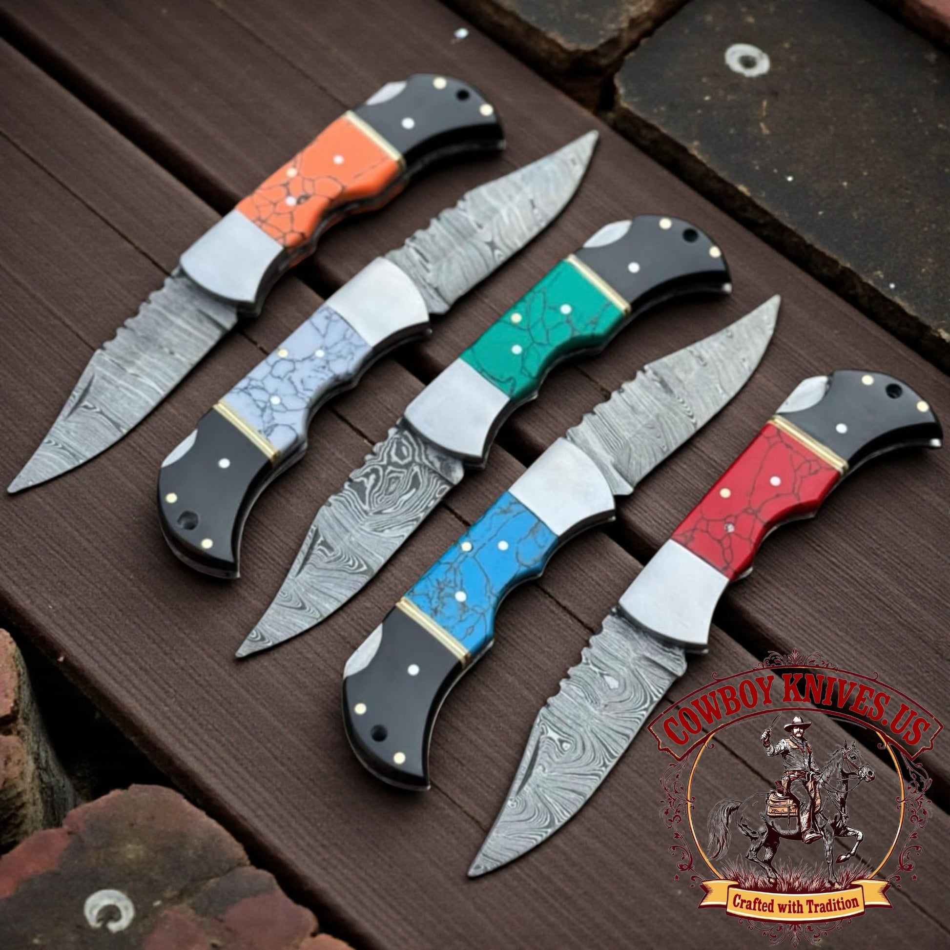 3" Blade cowboy pocket knives with sheaths in Damascus Steel with Epoxy Resin Handle