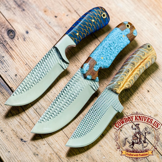 4" Blade belt knives with Pinecone Resin & Turquoise Wooden Handles
