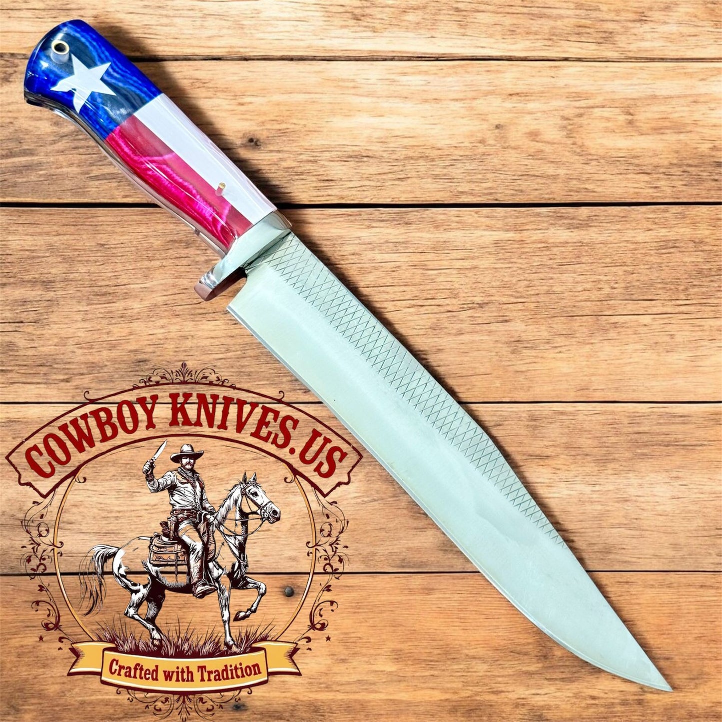 12" Blade Bowie Knife with Epoxy Resin Texas Flag & Steel Guard Handle