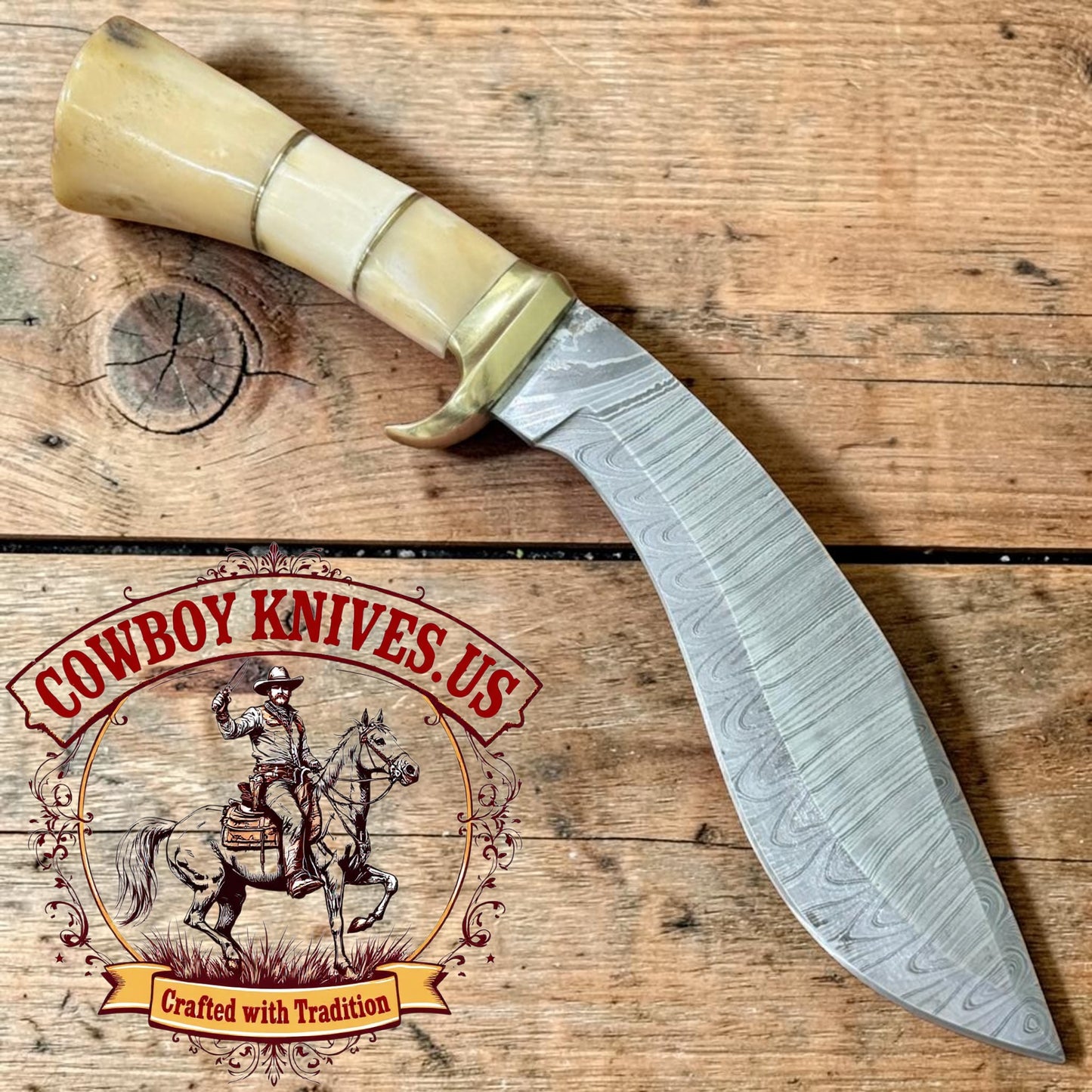 11.5" Blade Kukri Knife with Bone Handle, Brass Guard & Spacers