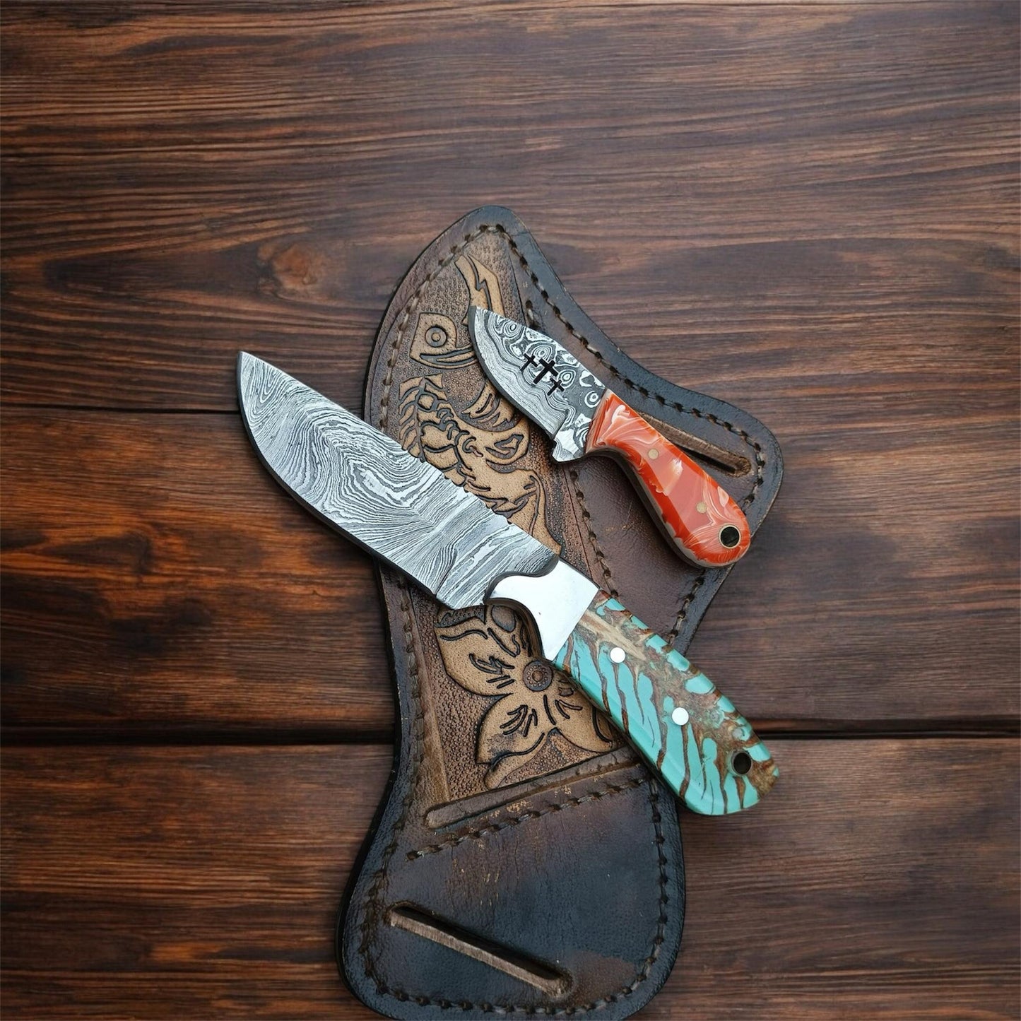4" Blade cowboy knives with Pinecone & Brass Bolster Handle + Free Mini Knife