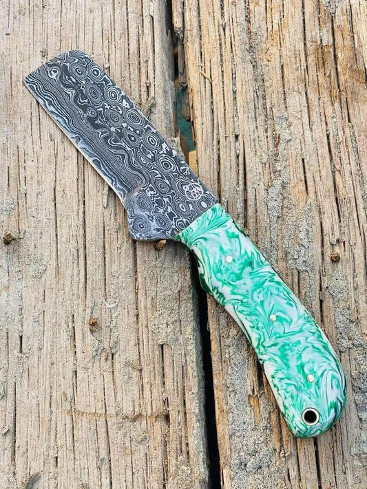 Handcrafted Bull Cutter Knife – Full Tang Damascus Steel with Leather Sheath | Epoxy Resin Handle
