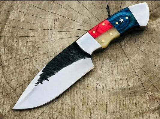 Cowboy Knife – D2 Steel Blade with Texas Flag Handle & Steel Bolsters | Western Fixed Blade with Leather Sheath