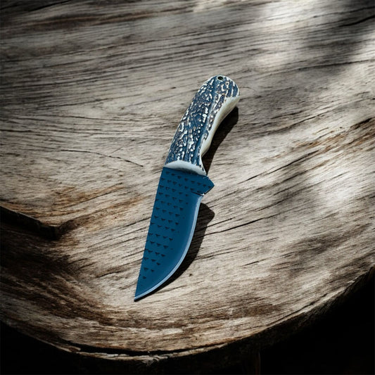Hand-Forged Cowboy Knife – Rasp Tool Steel Fixed Blade (Powder Coated) with Stag Horn Handle & Leather Sheath