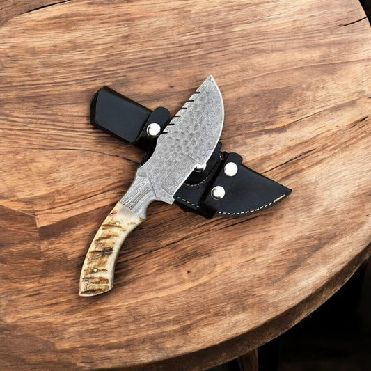 Tracker Knife – Damascus Steel Blade with Ram Horn Handle & Damascus Bolster + Leather Sheath | Hunting & Outdoor Knife | Handmade Tracker Knife
