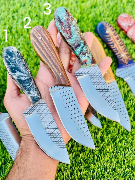 Cowboy Knives – Rasp Tool Steel Blades with Black Resin, Rosewood, and Green Resin Handles + Horizontal Leather Sheaths