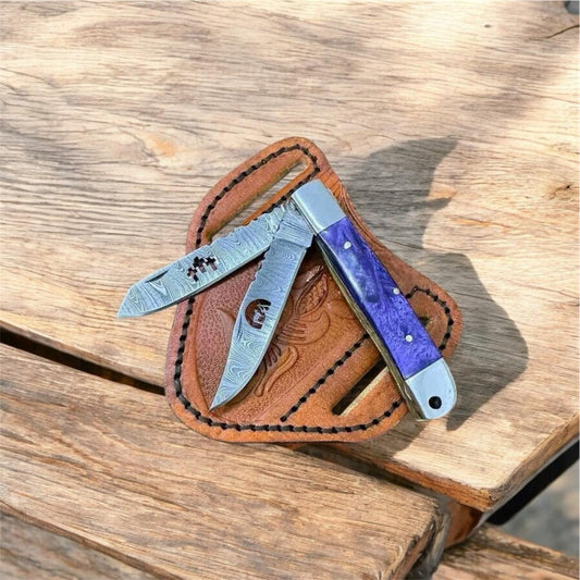 Cowboy Folding Knife – Dual Damascus Steel Blades with Epoxy Resin Handle & Steel Bolsters | Pocket Knife with Leather Sheath