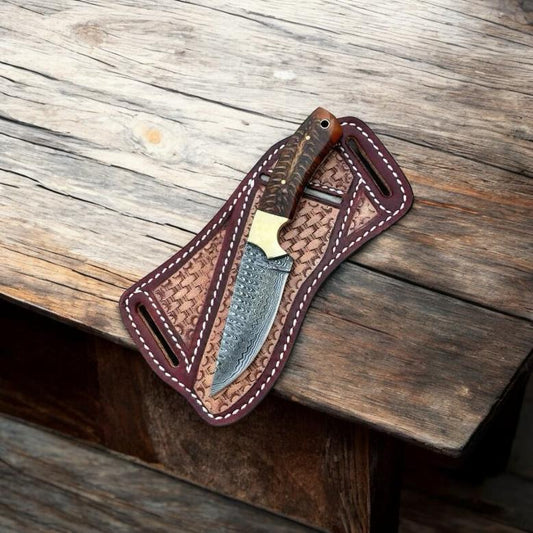Handcrafted Cowboy Knife – Damascus Steel Blade with Pinecone Handle & Brass Bolster | Fixed Blade with Leather Sheath