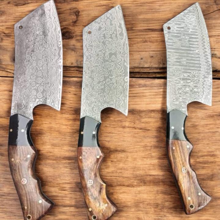 Damascus Steel Cleaver Knife – Hand-Forged Blade with Wooden Handle & Micarta Sheet Bolster | Butcher Chef Knife for Kitchen & Outdoor Use