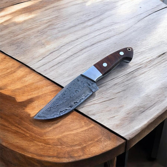 Premium Handmade Damascus Steel Hunting Knife – Polished Rosewood Handle, Stainless Steel Bolster, and Custom Leather Sheath