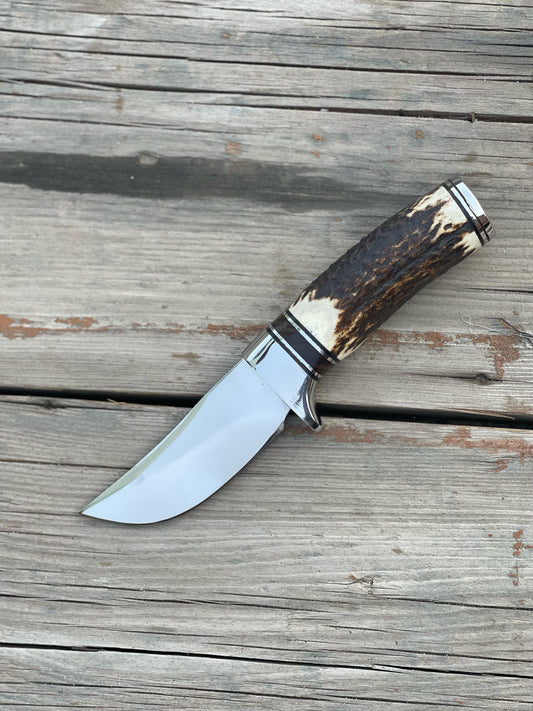 Cowboy Knife – D2 Steel Blade with Stag Horn Handle, Steel Bolster & Wooden Spacer | Hidden Tang Western Knife with Leather Sheath
