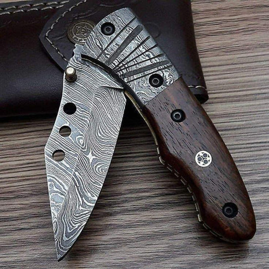 Cowboy Folding Knife – Damascus Steel Blade with Wooden Handle & Damascus Steel Bolster | Handcrafted Pocket Knife with Western Style
