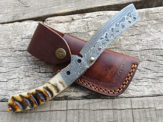 Bull Cutter Folding Knife – Damascus Steel Blade with Ram Horn Handle & Damascus Steel Bolster | Handcrafted Cowboy Pocket Knife