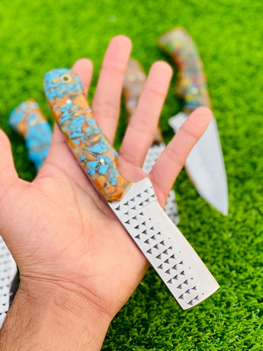Bull Cutter Knife – Hand-Forged Rasp Tool Steel Blade with Turquoise Stone Resin Handle | Western Ranch Knife | Custom Cowboy Utility Blade