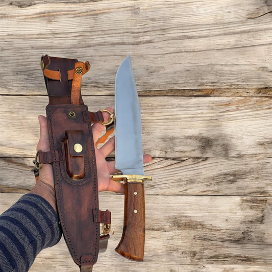 Handmade Bowie Knife – D2 Steel Blade, Rosewood Handle, Brass Guard, and Premium Leather Sheath for Hunting and Outdoor Use