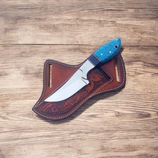 Handmade Cowboy Knife – J2 Stainless Steel Blade with Turquoise Stone Handle, Steel Bolster, Resin Spacer, and Leather Sheath for Outdoor and Western Use