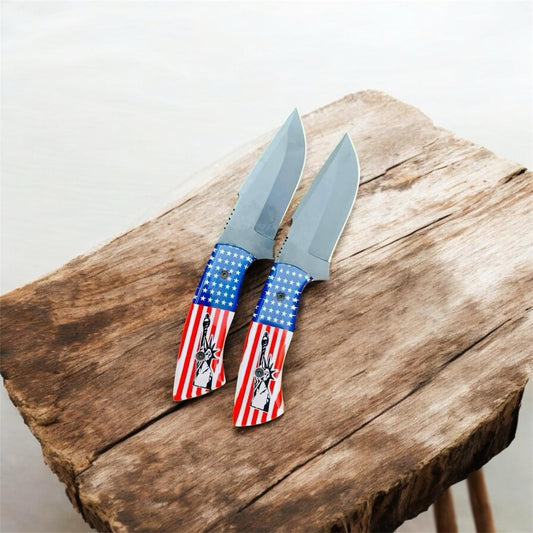 Handmade Cowboy Knife – D2 Steel Powder-Coated Blade with American Flag Handle and Leather Sheath