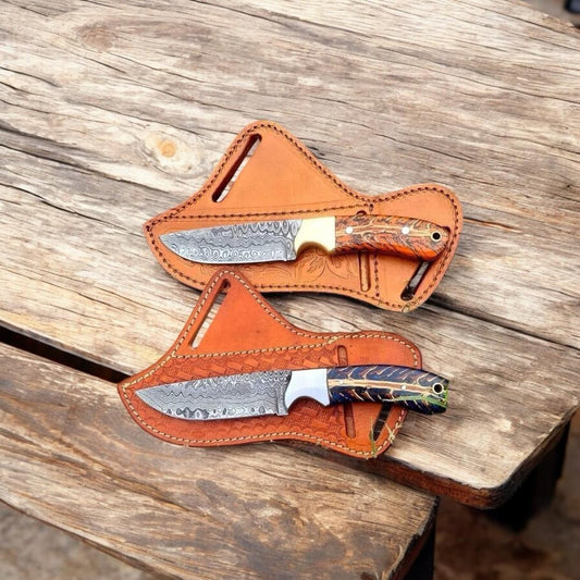 Handmade Cowboy Knife – Damascus Steel Blade with Pinecone Epoxy Resin Hybrid Handle and Pancake Leather Sheath