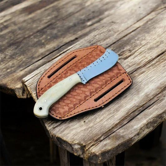 Handmade Bull Cutter Knife – Rasp Tool Steel Blade with Natural Bone Handle and Pancake Leather Sheath