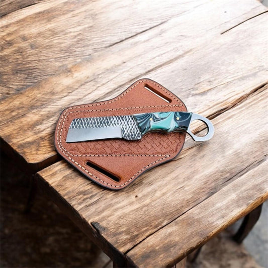 Bull Cutter Knife – Rasp Tool Steel Blade with Epoxy Resin Finger Hole Handle and Pancake Leather Sheath