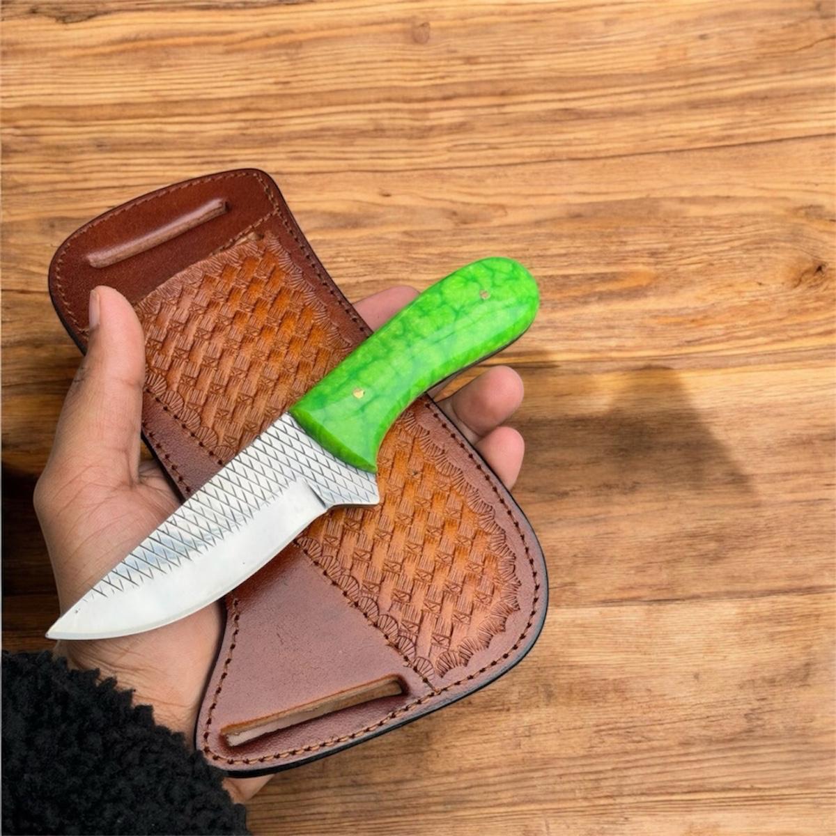 Cowboy Knife – Rasp Tool Steel Blade with Epoxy Resin Handle and Horizontal Carry Leather Sheath
