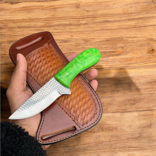 Cowboy Knife – Rasp Tool Steel Blade with Epoxy Resin Handle and Horizontal Carry Leather Sheath
