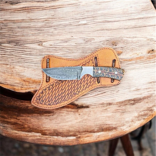 Cowboy Knife – Damascus Steel Blade with Pinecone Epoxy Resin Handle, Steel Bolster & Pancake Leather Sheath