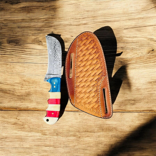 Belt Knife – Damascus Steel Blade with USA Flag Handle (Bone & Colored Wood) + Leather Sheath