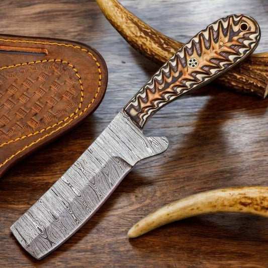 Bull Cutter Knife – Damascus Steel Blade with Dollar Sheet File-Worked Handle | Cowboy Boot Knife | Ranch Cowboy Knives and Sheaths | Men’s Belt Knife | Western Style
