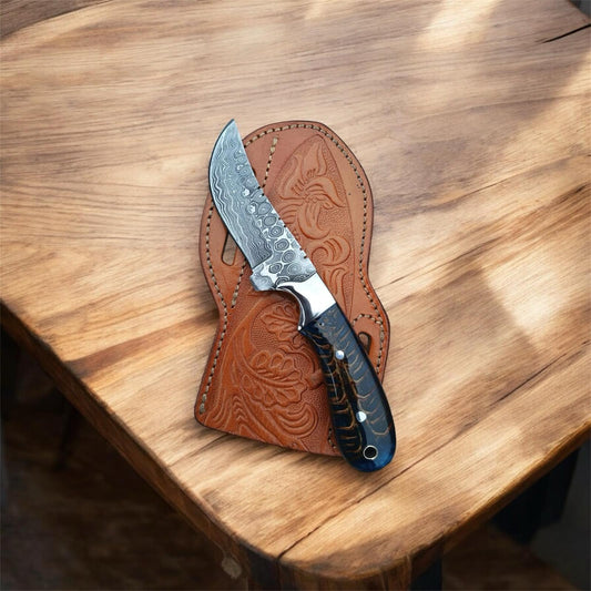 Cowboy Knife – Damascus Steel Blade with Pinecone Resin Handle & Leather Sheath | Belt Knife | Men’s Knife | Western Cowboy Knife | Cowboy Knives and Sheaths
