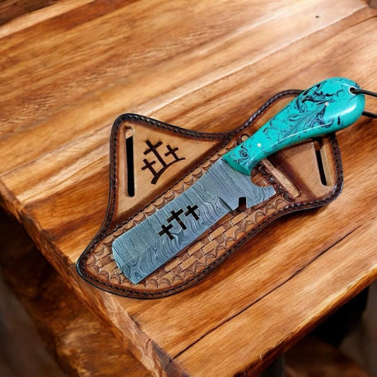 Bull Cutter Knife – Damascus Steel Blade with Cross Design Wirecut & Epoxy Resin Handle | Cowboy Knife | Belt Knife | Men’s Knife | Western Cowboy Knife | Cowboy Knives and Sheaths | KnivesHQ